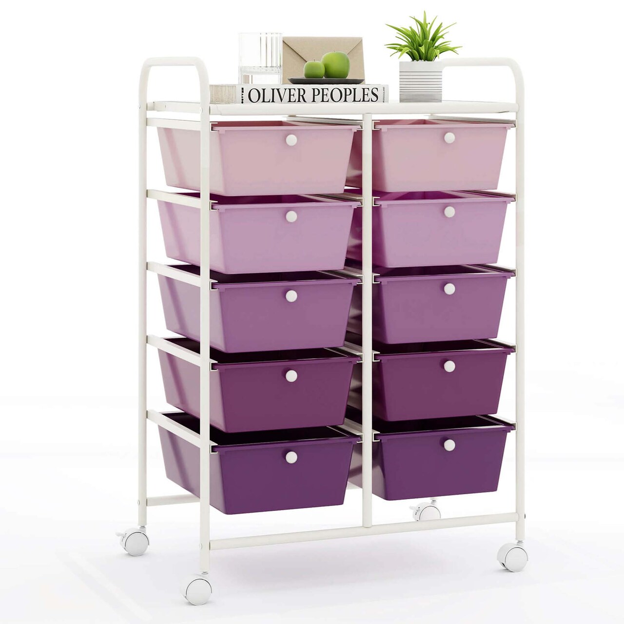 Costway 10-Drawer Storage Cart Utility Rolling Trolley Kitchen Office Organizer Black/Clear/Macaron/Grey/Black Gardient/Multicolor/Pink/RainbowithWhite/Hot Pink/Skin Pink/Purple
